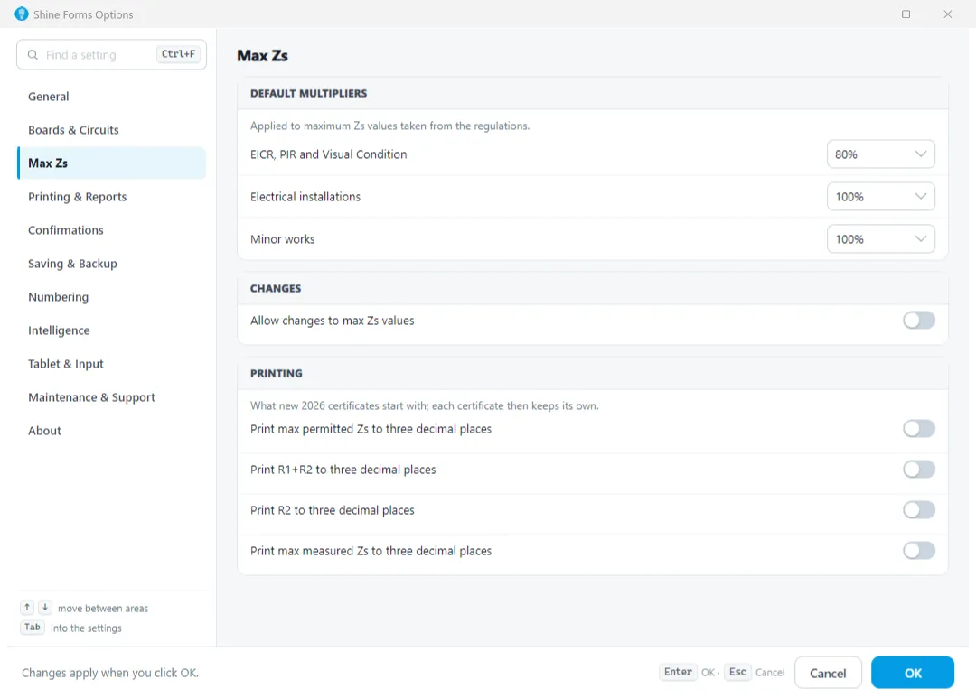 Screenshot showing the Max Zs settings in Shine Forms Options
