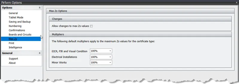Screenshot showing the Max Zs settings in Pirform Options