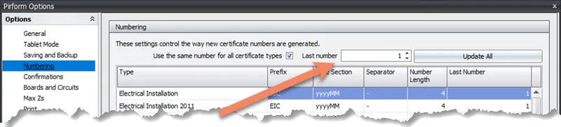 Screenshot of the Numbering Adjust dialog, showing where to update the last used certificate number.