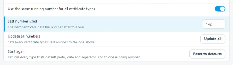 Screenshot of the Numbering Adjust dialog, showing where to update the last used certificate number.