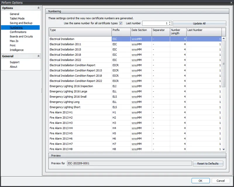 Screenshot of the Shine Forms Options page, highlighting the Numbering section.