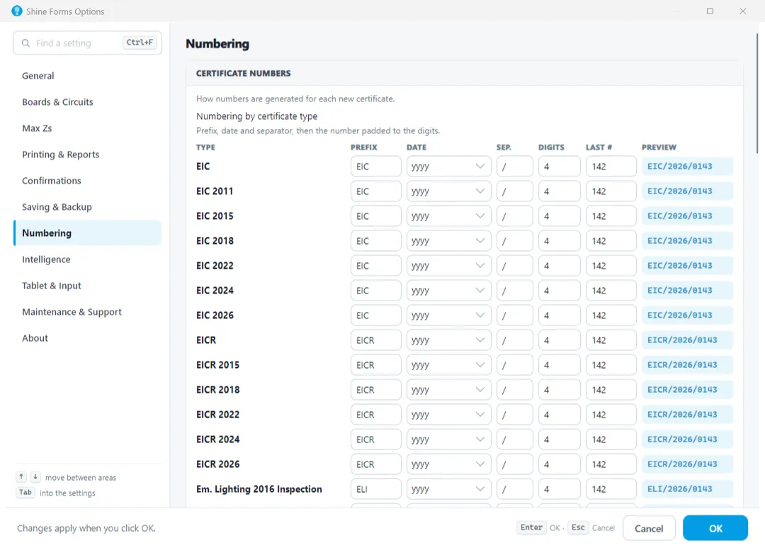 Screenshot of the Shine Forms Options page, highlighting the Numbering section.