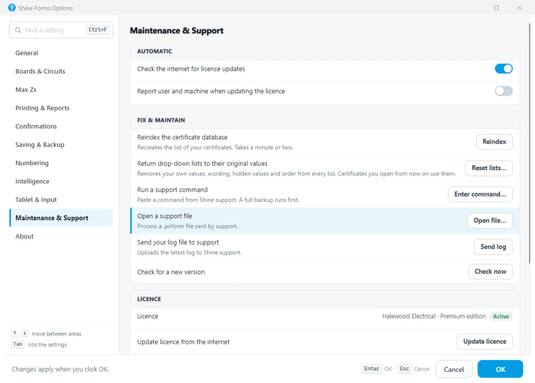Screenshot showing the Open File button in Shine Forms Support section