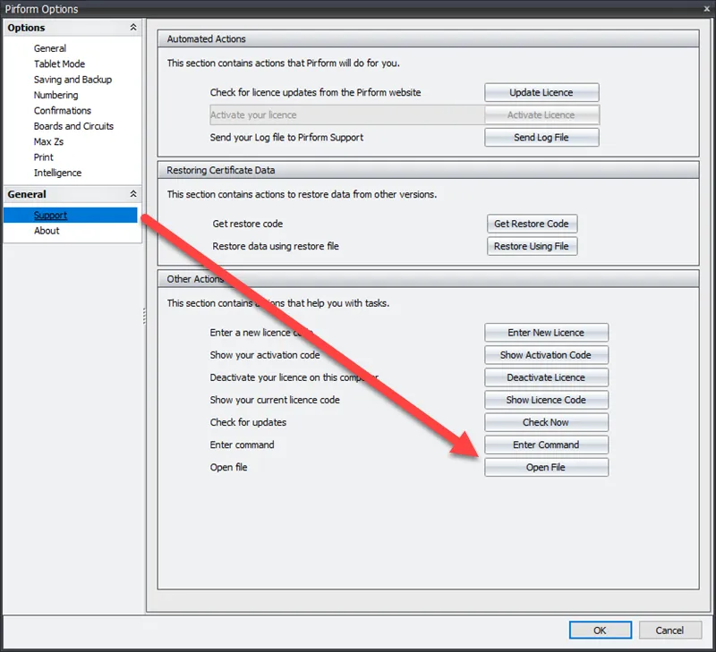 Screenshot showing the Open File button in Pirform Support section