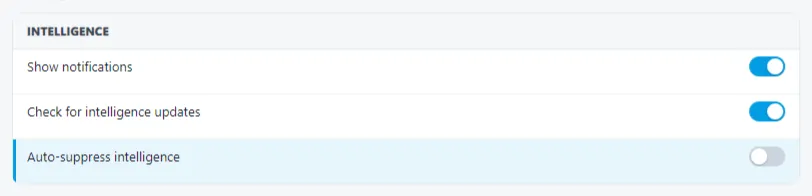Settings screen showing auto suppress intelligence option