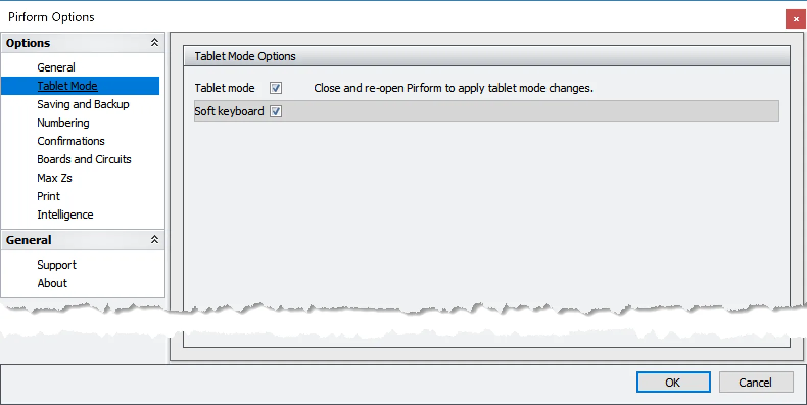 Pirform options for tablet mode settings