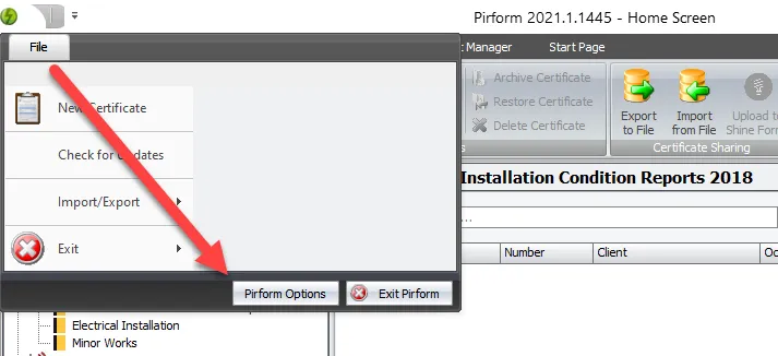 Screenshot of the Pirform options menu showing various program settings
