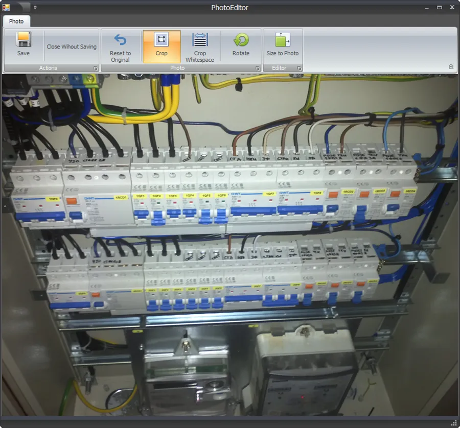 Screenshot of the Shine Forms Photo Editor interface showing crop and rotate options