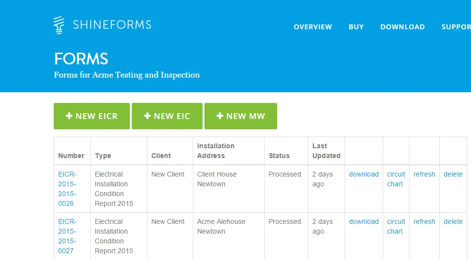 Forms screen showing uploaded certificates in Shine Forms