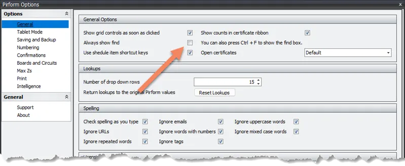 Setting in Pirform Options to always show find boxes