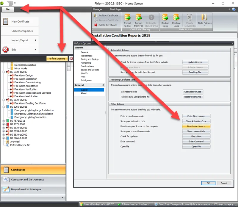 Shine Forms Options window showing the location of the Deactivate Licence button.