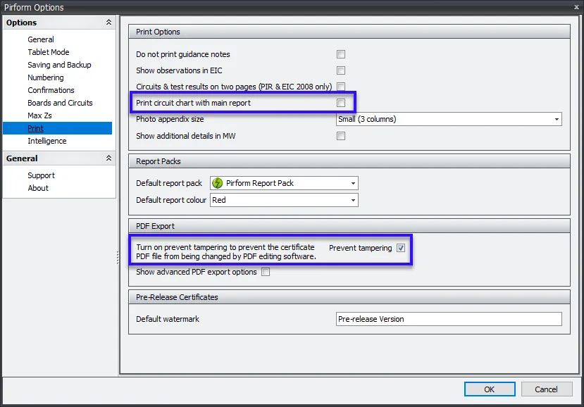 Pirform Options for Print Section Screenshot