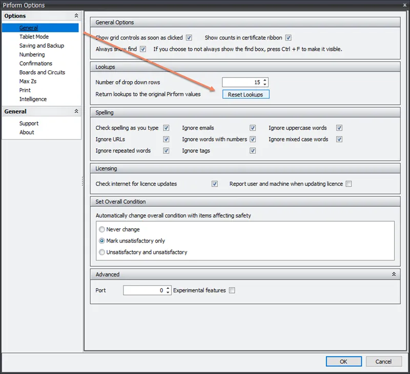 The button in Shine Forms settings that resets the drop-down list values