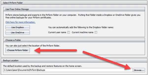 Interface for choosing saving and backup folders in Pirform