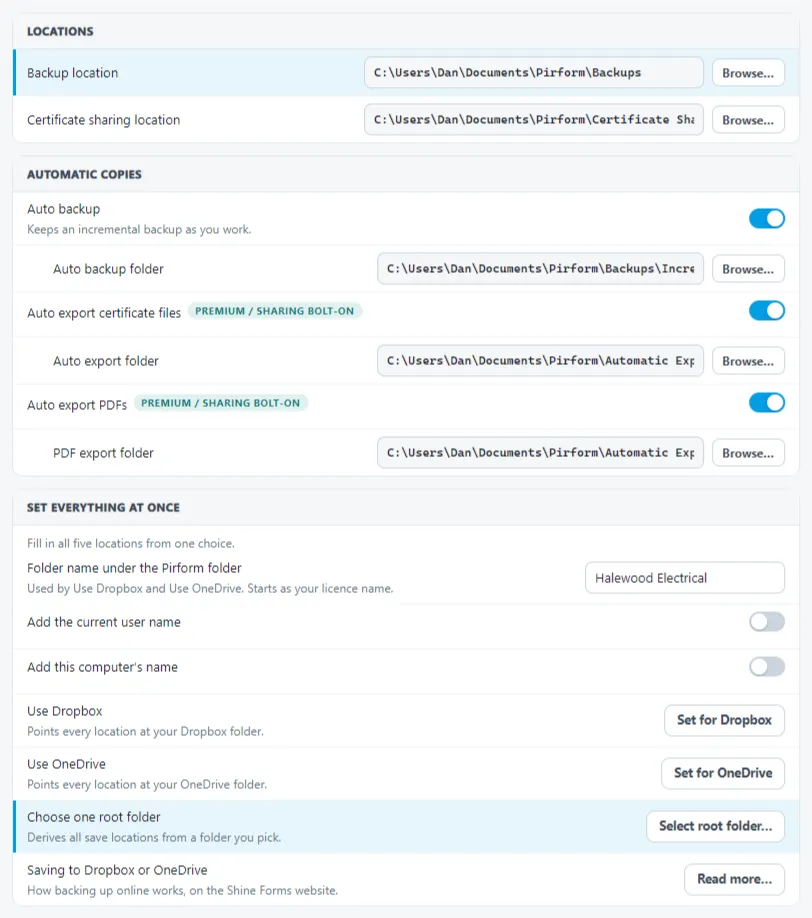 Interface for choosing saving and backup folders in Shine Forms