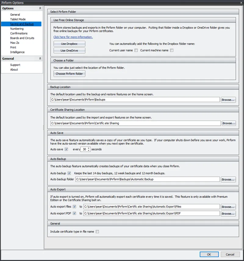 Shine Forms options showing saving and backup configuration