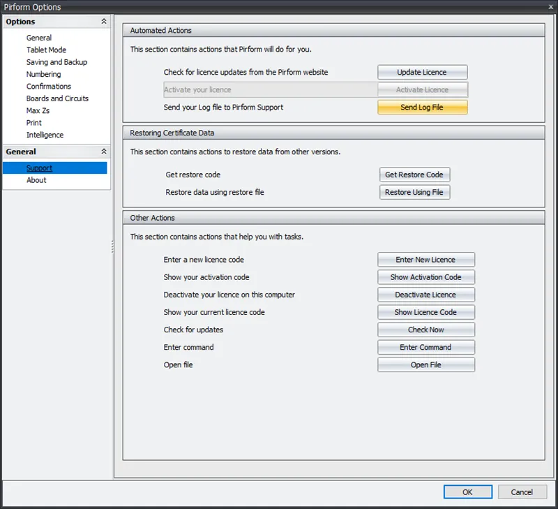 Shine Forms Options Support section with the Send Log File button highlighted
