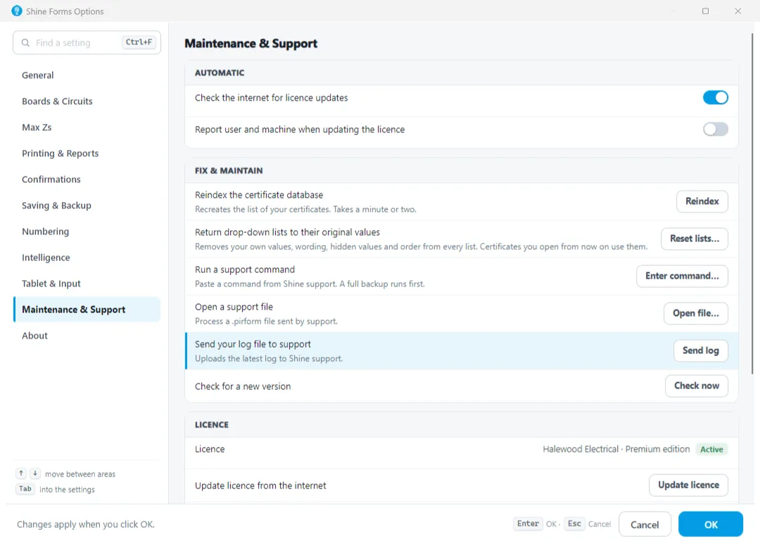 Shine Forms Options Support section with the Send Log File button highlighted