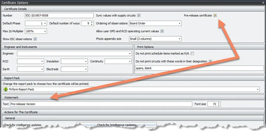 Screenshot showing pre-release certificate options in Shine Forms