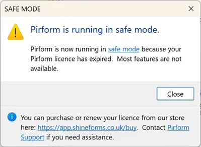 Warning message displayed when Pirform is in safe mode