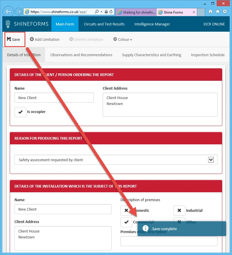 Image showing the save button and a popup that appears after saving the form