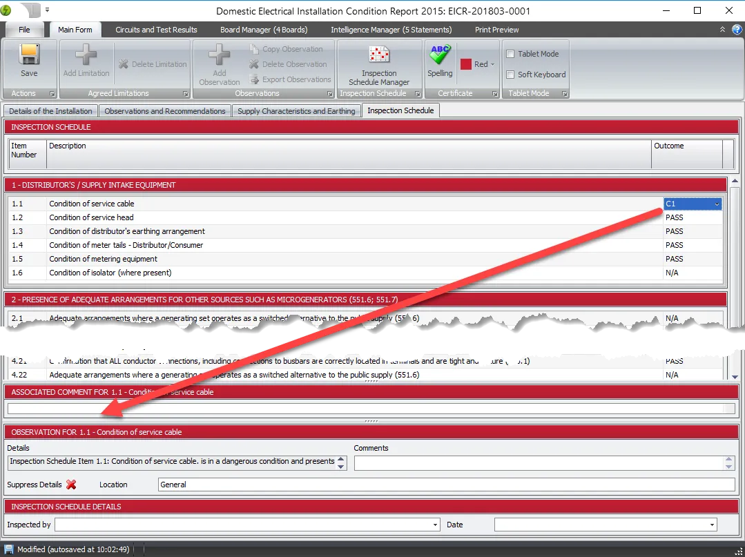 A screenshot illustrating how observations are associated with schedule items in Pirform.