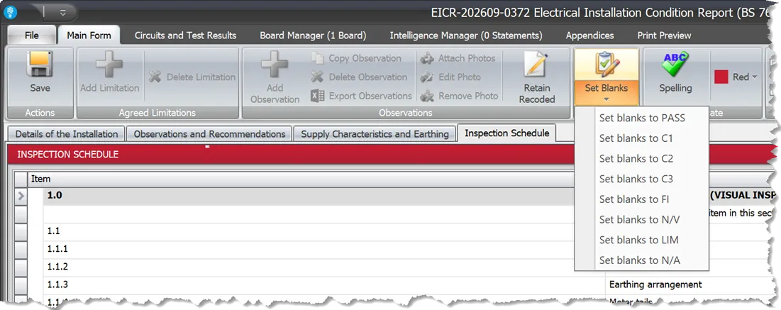 A screenshot showing the inspection schedule menu that sets multiple values