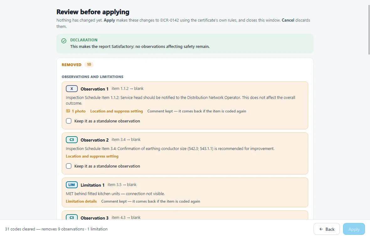 Clearing all codes makes the report Satisfactory