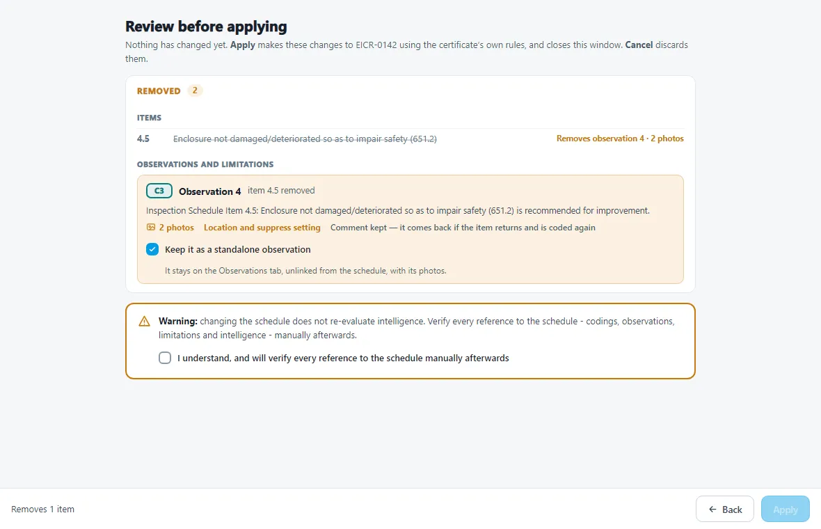 Review after removing an item and keeping its observation