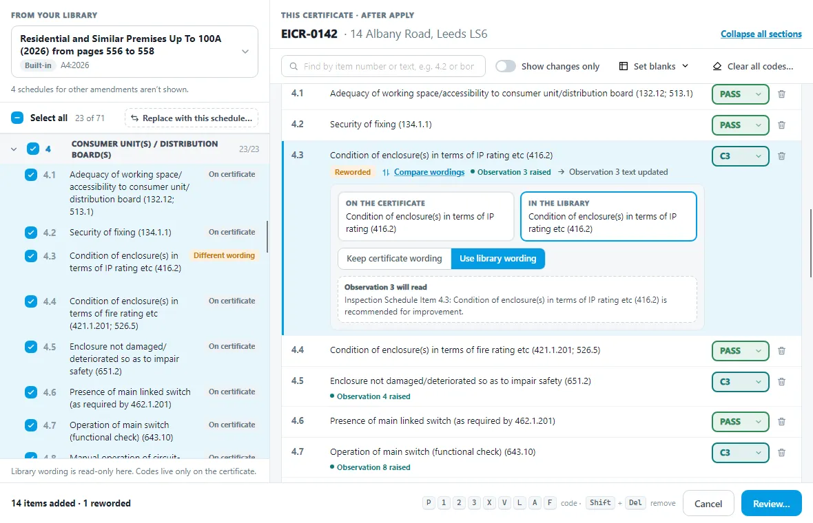 Comparing the certificate's wording with the library's