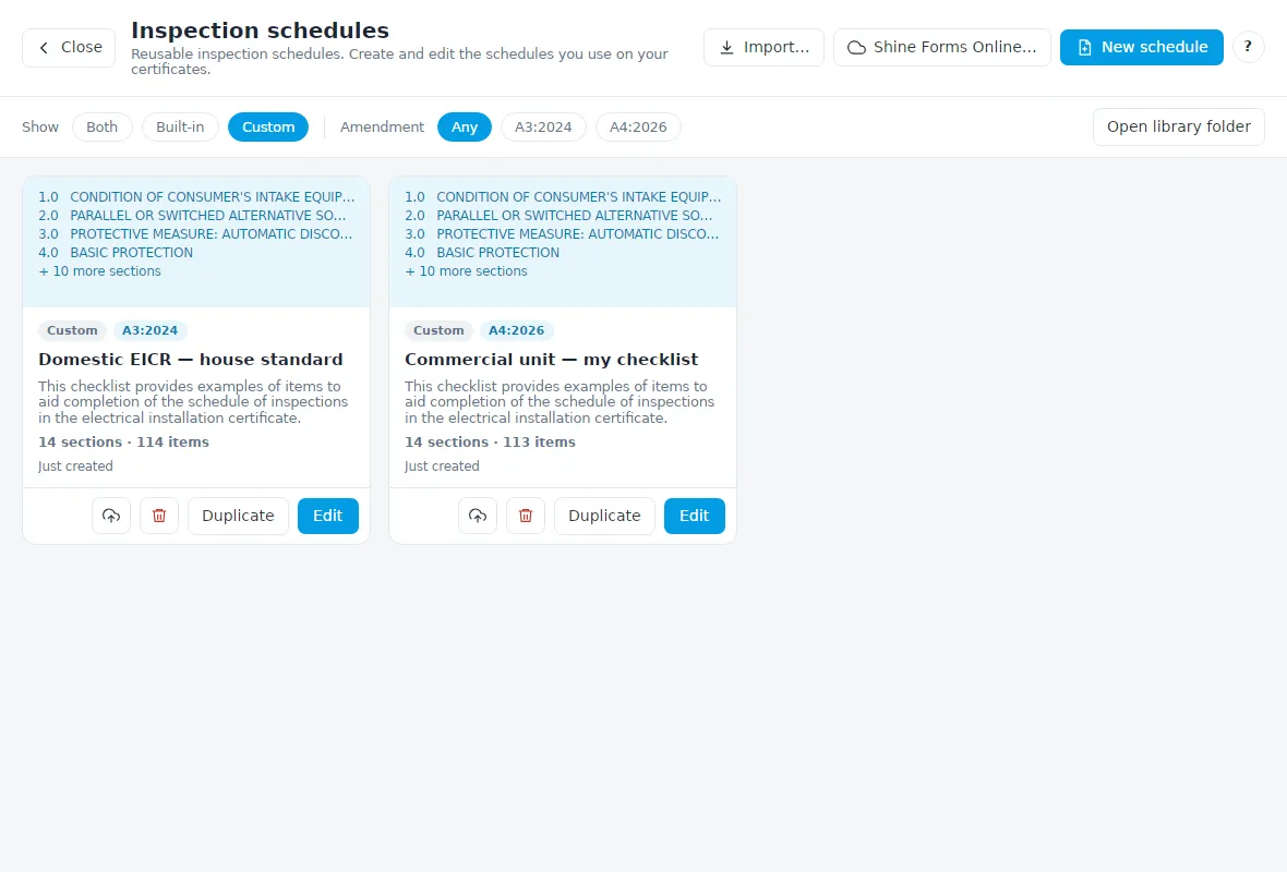 The library filtered to custom schedules only
