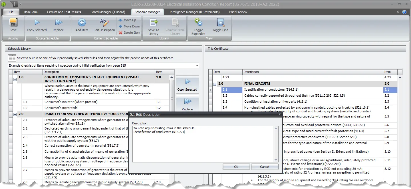 Interface showing a text editing area where users can customize and modify descriptions for inspection schedule items in Pirform