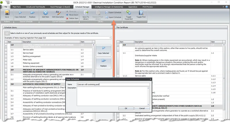 The interface providing options to export an inspection schedule to a file by assigning a name and choosing a storage location