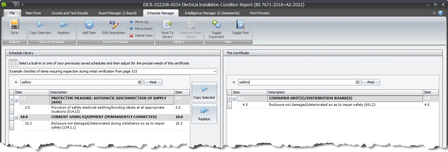 The Schedule Manager interface showing a search tool to find specific terms or phrases within an inspection schedule, helping users locate items quickly