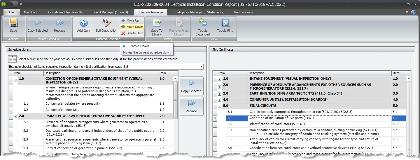 The Schedule Manager interface demonstrating the use of Move Down buttons to reorder items or sections in the inspection schedule