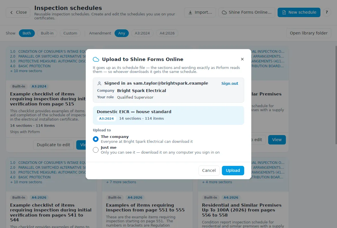 Uploading a custom schedule to Shine Forms Online, to the company or just for you
