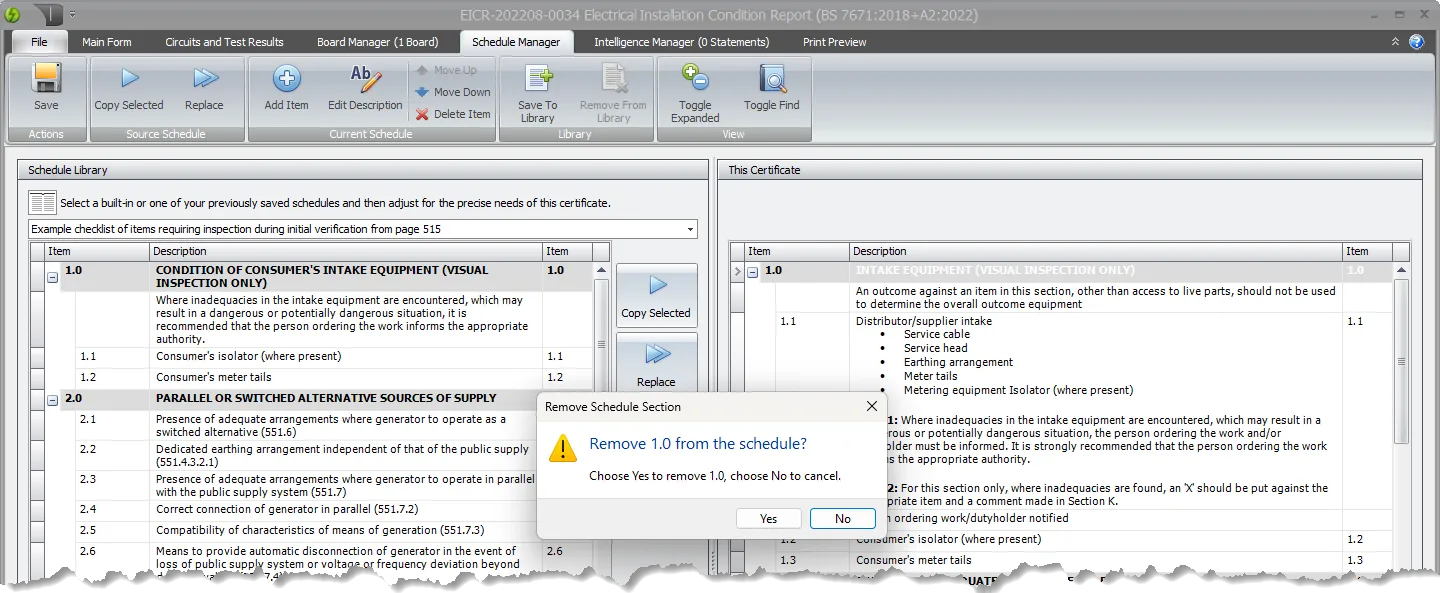The Schedule Manager interface illustrating how to remove items or sections from the current inspection schedule by selecting and deleting them