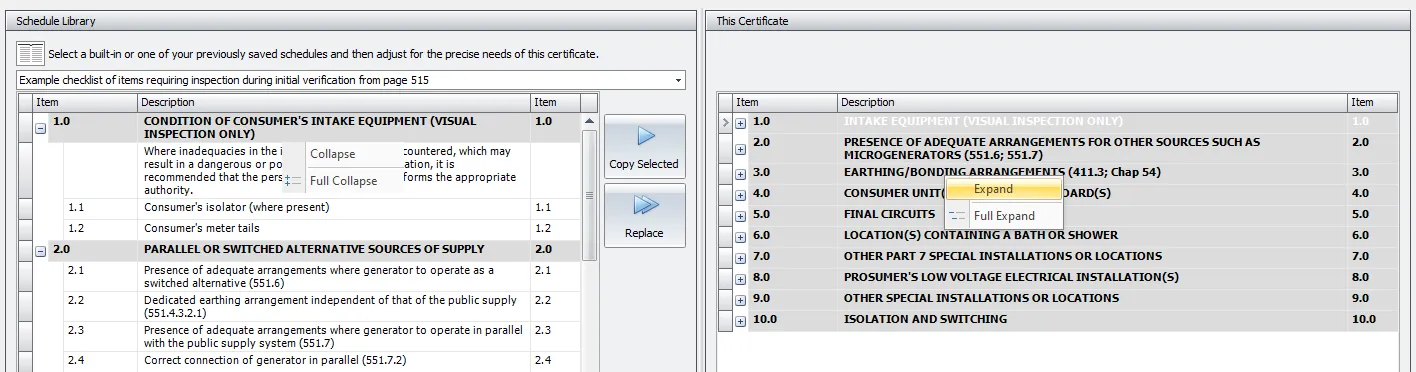 A right-click context menu displaying options like Add Item, Delete, and Edit for quickly managing inspection schedule sections or items