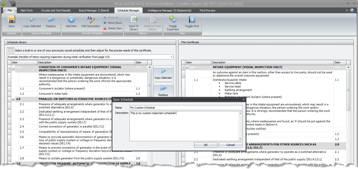 Interface displaying options to save the current inspection schedule to the library by naming it and adding an optional description