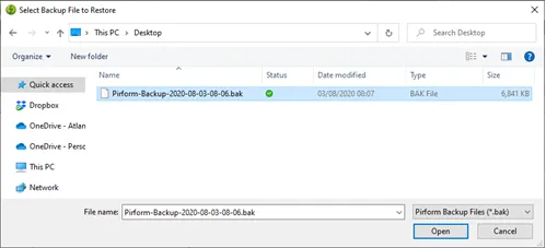 Dialog window showing file selection, with a backup file highlighted.