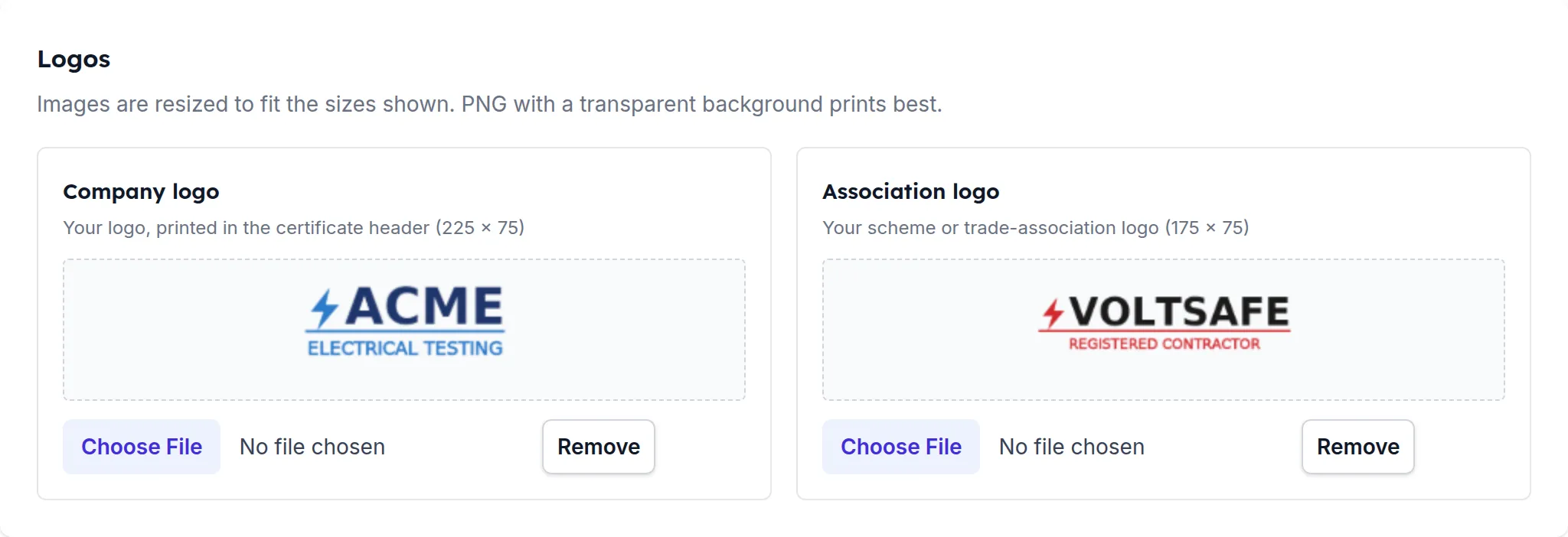 The two logos a certificate prints, each fitted to the canvas the report draws it into.
