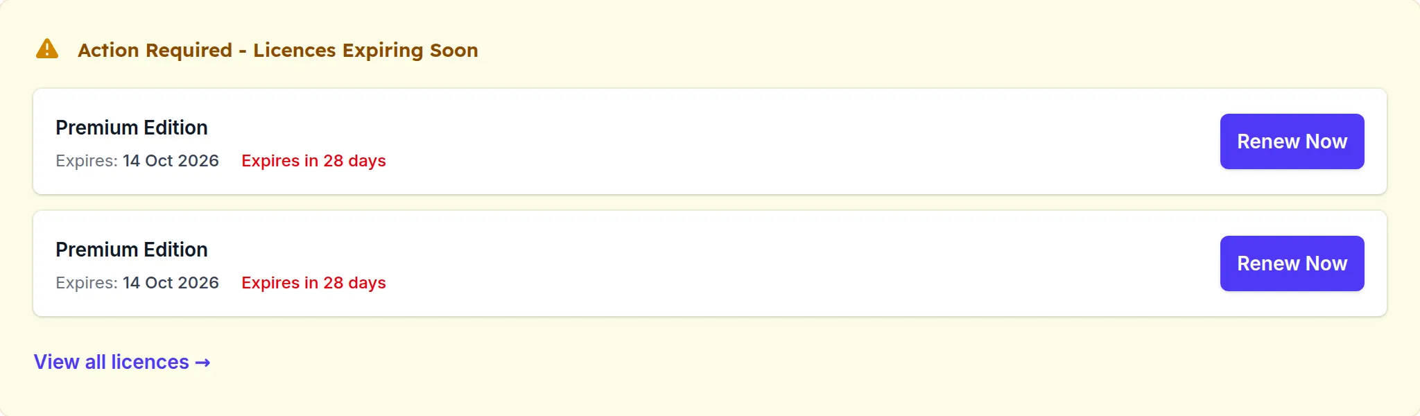 Licences inside the 90-day renewal window, each with a Renew Now that drops it in the cart.