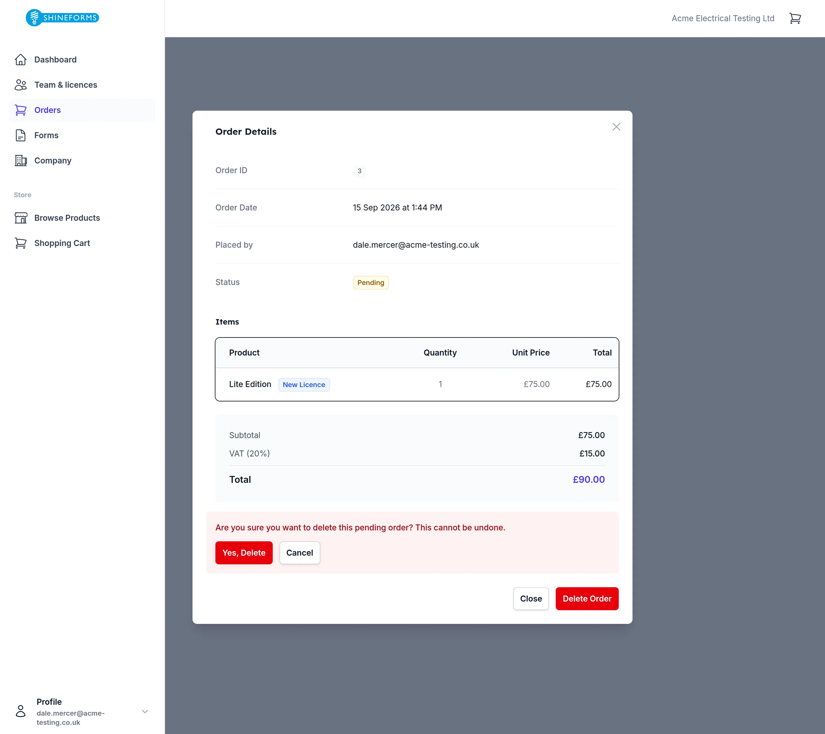 An order still waiting for payment, and the confirmation that deleting it asks for.