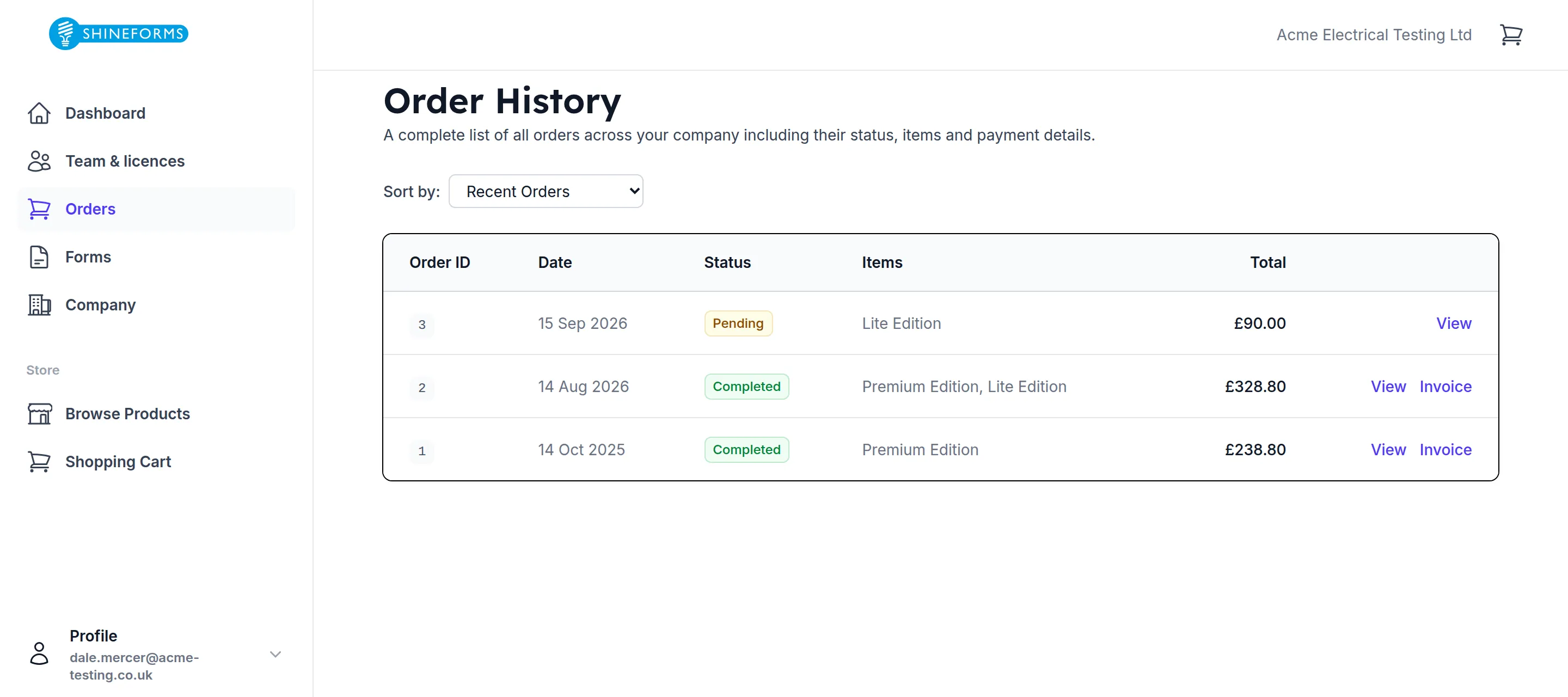 Order history: every order across the company, what it was for and what it came to.
