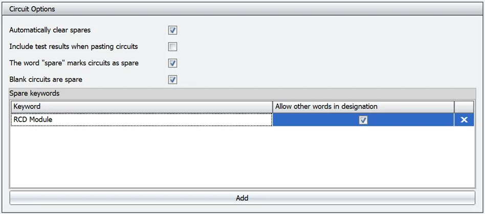 A section of the configuration options showing the spare circuit options