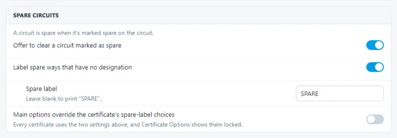 A section of the configuration options showing the spare label options