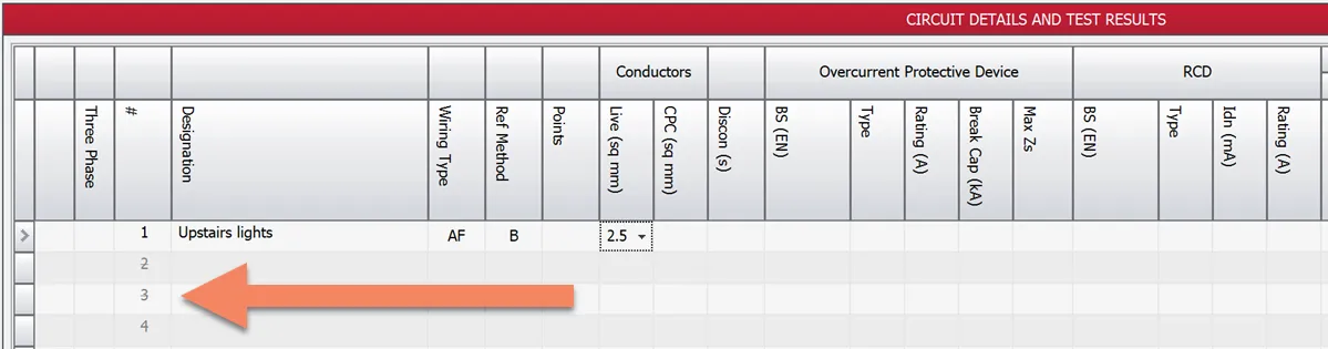 Screenshot showing the font used for spare circuits in the circuits and test results grid