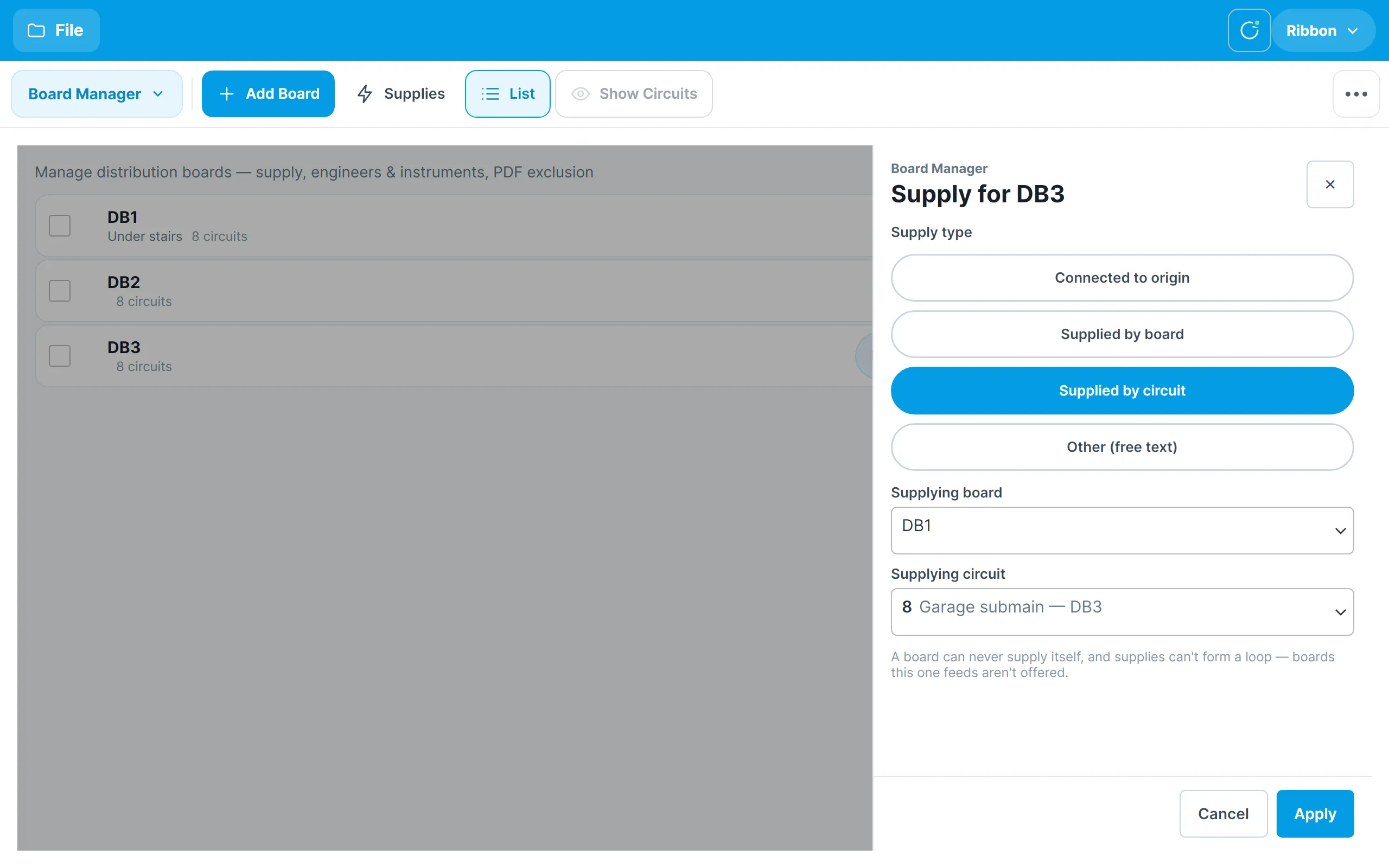 The supply picker offering the four ways a board can be supplied