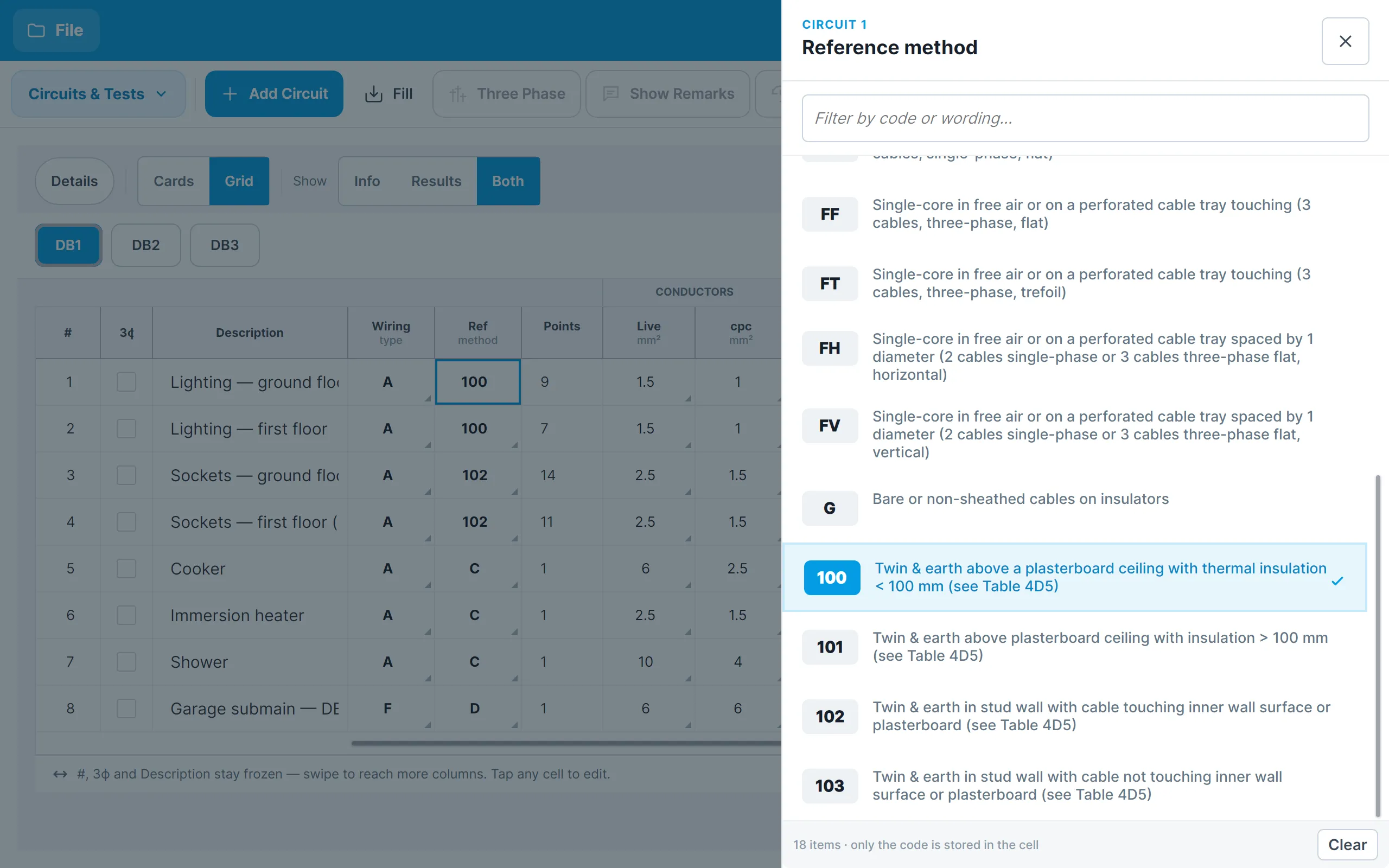 The reference method sheet listing each code and its wording
