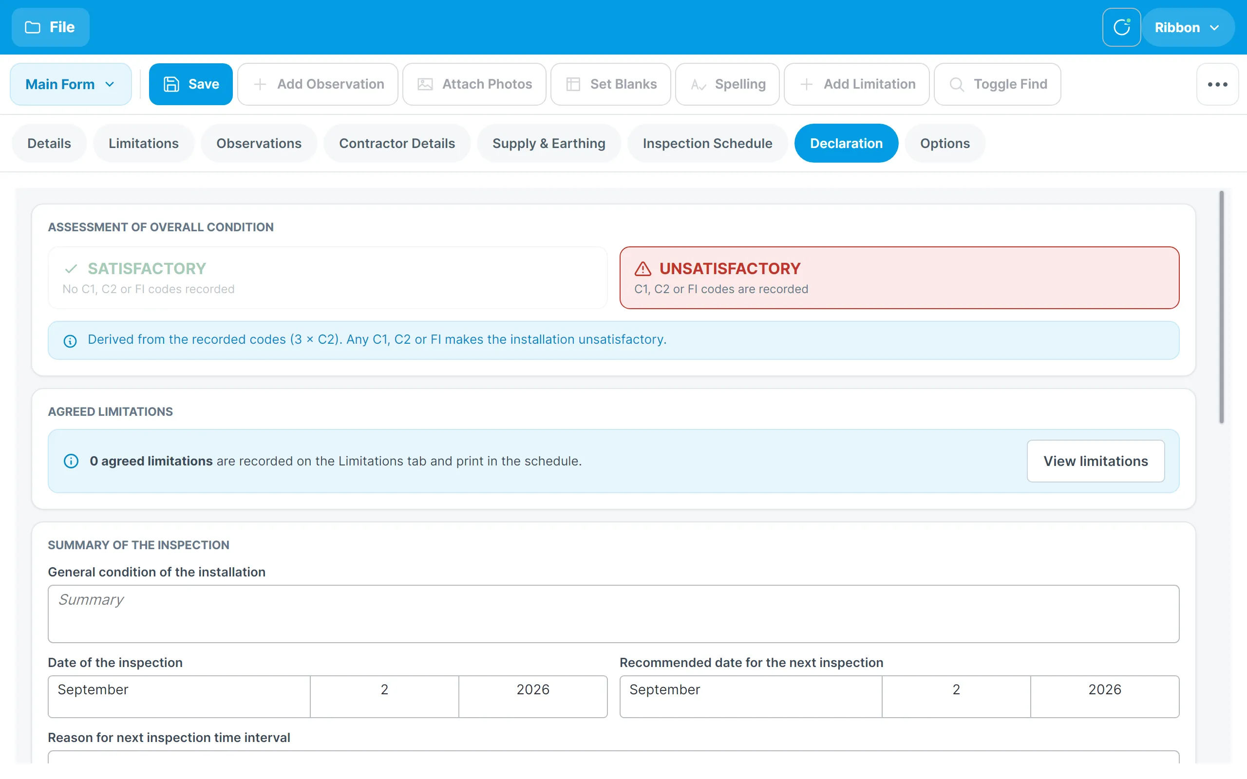 The Declaration tab after a C2 has been recorded, showing the Unsatisfactory assessment